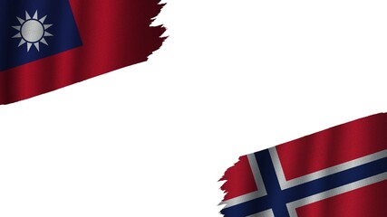 Norway and Taiwan Flags Together, Wavy Fabric Texture Effect, Obsolete Torn Weathered, Crisis Concept, 3D Illustration