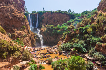 OUZOUD, MOROCCO, 5 SEPTEMBER 2018: People having fun around the Ouzoud Waterfalls, the highest in...