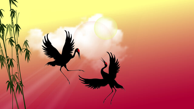 Dancing birds cranes against the background of the sunset sky with clouds and sunbeams. Colorful silhouettes vector drawing. 