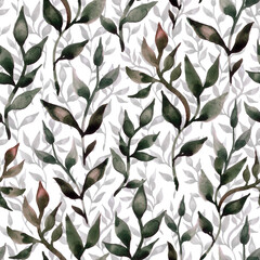 Seamless pattern with watercolor illustration of green branches