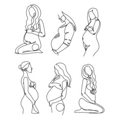 Pregnant woman one line drawing on white isolated background. Vector illustration	