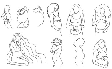 Pregnant woman one line drawing on white isolated background. Vector illustration	