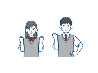 ガッツポーズをする学生　やる気　中高生　高校生　中学生　男女　イラスト素材