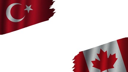 Canada and Turkey Turkish Flags Together, Wavy Fabric Texture Effect, Obsolete Torn Weathered, Crisis Concept, 3D Illustration