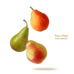 Three different varieties of fresh ripe whole pears flying isolated on a white background