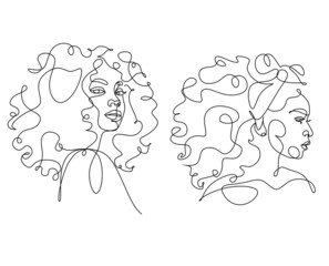 Line Art Woman Face Drawing.  Afro American Female Logo. Contouring Line. Minimalist Face. Beauty salon