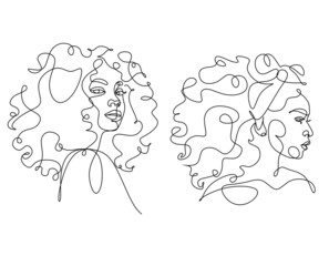 Line Art Woman Face Drawing.  Afro American Female Logo. Contouring Line. Minimalist Face. Beauty salon