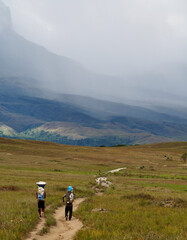 Mount Roraima, Venezuela - 22.04.2019: Hikers on the trail to Mount Roraima