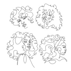 Line Art Woman Face Drawing.  Afro American Female Logo. Contouring Line. Minimalist Face. Beauty salon