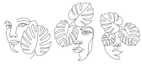 Monstera leaf with woman face  line art style. Minimalist female portrait one line art drawing tropical palm vector illustration isolated. Simple con for spa salon or organic cosmetics © Victoria