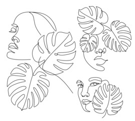 Monstera leaf with woman face  line art style. Minimalist female portrait one line art drawing tropical palm vector illustration isolated. Simple con for spa salon or organic cosmetics