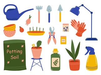 Set of gardening care tool isolated on white background. Vector illustration in flat style.