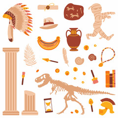 Archaeological items set isolated on a white background. Antiquity. Vector illustration.