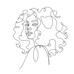 Line Art Woman Face Drawing.  Afro American Female Logo. Contouring Line. Minimalist Face. Beauty salon