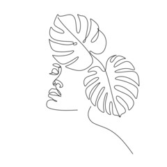 Monstera leaf with woman face  line art style. Minimalist female portrait one line art drawing tropical palm vector illustration isolated. Simple con for spa salon or organic cosmetics - obrazy, fototapety, plakaty