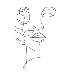 Flower face woman line drawing. Modern continuous line art. Women line art. Beauty salon logo. Coloring book. Botanical print. Nature symbol of cosmetics. Fashion logo.