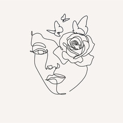 Flower face woman line drawing. Modern continuous line art. Women line art. Beauty salon logo. Coloring book. Botanical print. Nature symbol of cosmetics. Fashion logo.