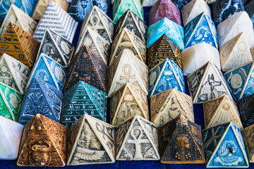 The numerous souvenirs at the tourist stall in Luxor. Egypt.