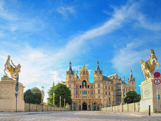 Fototapeta premium castle of schwerin in germany. travel goals in Europe. Postcard Schwerin