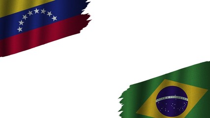Brazil and Venezuela Flags Together, Wavy Fabric Texture Effect, Obsolete Torn Weathered, Crisis Concept, 3D Illustration