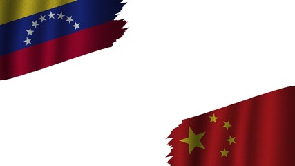 China and Venezuela Flags Together, Wavy Fabric Texture Effect, Obsolete Torn Weathered, Crisis Concept, 3D Illustration