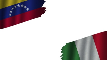 Italy and Venezuela Flags Together, Wavy Fabric Texture Effect, Obsolete Torn Weathered, Crisis Concept, 3D Illustration