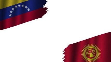 Kyrgyzstan and Venezuela Flags Together, Wavy Fabric Texture Effect, Obsolete Torn Weathered, Crisis Concept, 3D Illustration