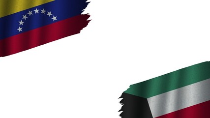 Kuwait and Venezuela Flags Together, Wavy Fabric Texture Effect, Obsolete Torn Weathered, Crisis Concept, 3D Illustration