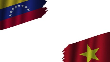 Vietnam and Venezuela Flags Together, Wavy Fabric Texture Effect, Obsolete Torn Weathered, Crisis Concept, 3D Illustration