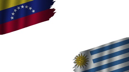 Uruguay and Venezuela Flags Together, Wavy Fabric Texture Effect, Obsolete Torn Weathered, Crisis Concept, 3D Illustration