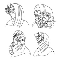 woman in hijab drawing line art. Flower face minimalist female vector. Flower head woman in hijab 