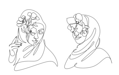 woman in hijab drawing line art. Flower face minimalist female vector. Flower head woman in hijab 
