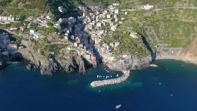 Aerial view of Riomaggiore village, part of Cinque Terre, Italy, Europe