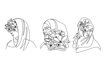 woman in hijab drawing line art. Flower face minimalist female vector. Flower head woman in hijab 