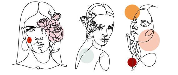 Flower face woman line drawing. Modern continuous line art. Women line art. Beauty salon logo. Coloring book. Botanical print. Nature symbol of cosmetics. Fashion logo.