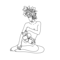 Flower face woman line drawing. Modern continuous line art. Women line art. Beauty salon logo. Coloring book. Botanical print. Nature symbol of cosmetics. Fashion logo.