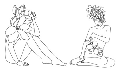 Flower face woman line drawing. Modern continuous line art. Women line art. Beauty salon logo. Coloring book. Botanical print. Nature symbol of cosmetics. Fashion logo.