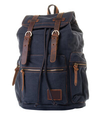 Black textile backpack for men. Decorative elements made of genuine brown leather. On a white...