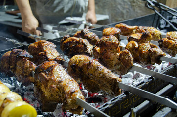 Sale of kebabs, fried meat on the streets of the resort town.