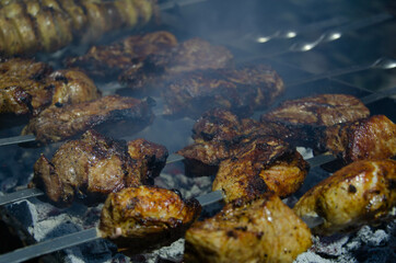 Sale of kebabs, fried meat on the streets of the resort town.
