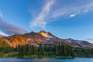 Mt Jefferson and Scout Lake with clouds at sunset..Oregon Cascade Mountains