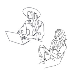 One line drawing. Woman using mobile digital tablet computer work and writing. Vector illustration