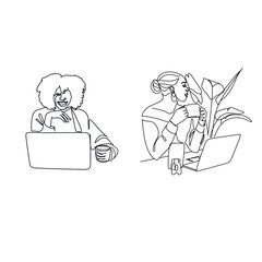 One line drawing. Woman using mobile digital tablet computer work and writing. Vector illustration