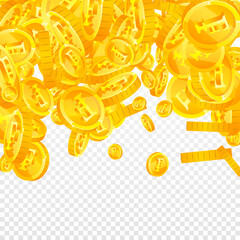 Swiss franc coins falling. Ecstatic scattered CHF coins. Switzerland money. Perfect jackpot, wealth or success concept. Vector illustration.
