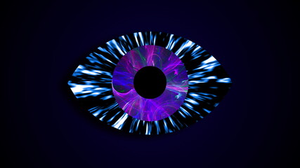Abstract technological eyes with universe in pupils, futuristic backdrop, 3D rendering