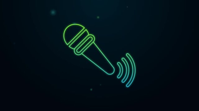 Glowing neon line Wireless microphone icon isolated on black background. On air radio mic microphone. Speaker sign. 4K Video motion graphic animation