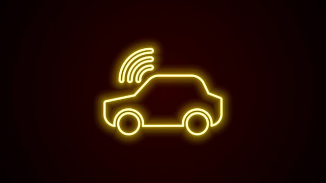 Glowing neon line Smart car system with wireless connection icon isolated on black background. Remote car control. 4K Video motion graphic animation