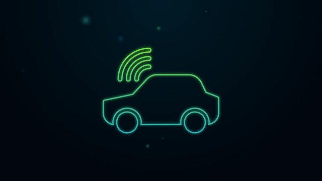 Glowing neon line Smart car system with wireless connection icon isolated on black background. Remote car control. 4K Video motion graphic animation