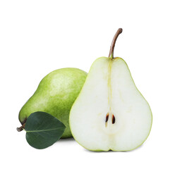 Whole and cut fresh ripe pears on white background