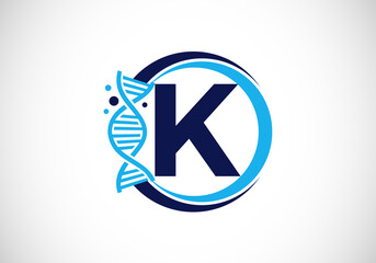 Initial K monogram alphabet in a circle with DNA. Genetics logo design concept. Font emblem. Logo for medicine, science, laboratory, business, and company identity